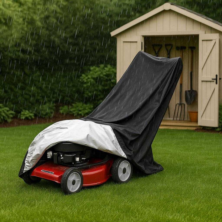 Plæneklipperbetræk i slidstærkt materiale - Beskytter mod vejr og vind, sort og sølvfarvet. A suburban backyard setting, where the lawn mower cover is elegantly draped over a mower, situated on a neatly trimmed lawn. The cover is positioned to show its sleek black and silver material, weather-resistant against a gentle rain. A garden shed is visible in the background with tools neatly arranged, the setting creating a sense of order and protection.