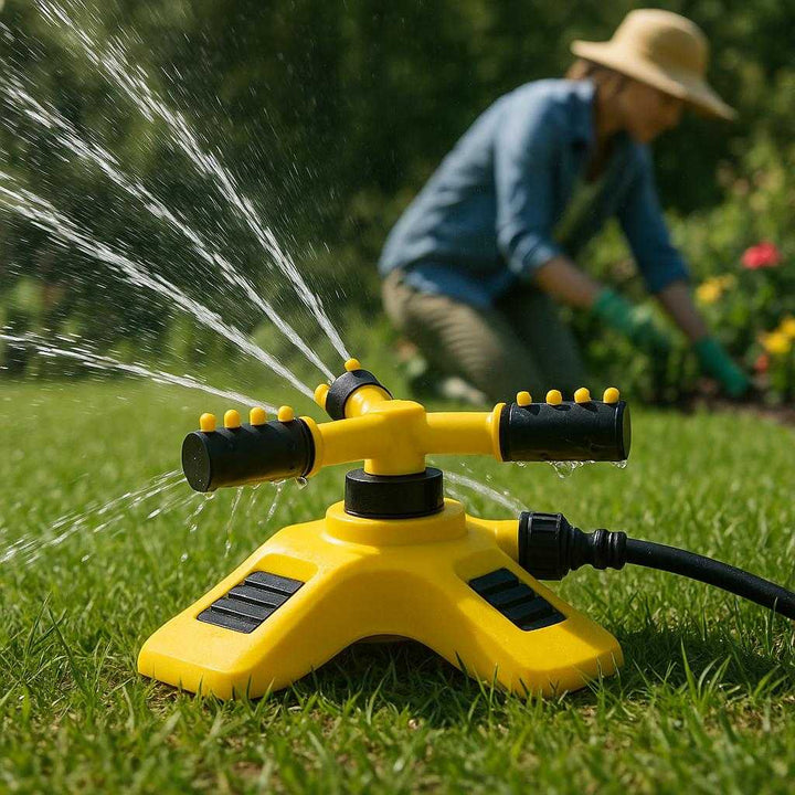 Plænevander med 360° rotation og trekantet base - Effektiv vandingsløsning til haven i høj kvalitet: A realistic garden setting where the product is properly grounded on lush green grass, being actively used with water spraying in a 360° rotation, casting natural shadows and showing clear contact points on the ground, as a person in the background tends to nearby plants.