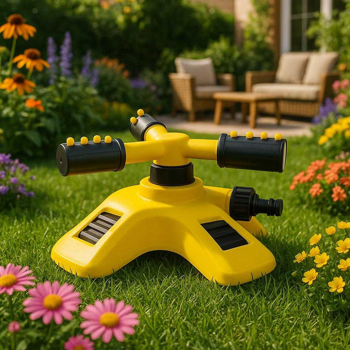 Plænevander med 360° rotation og trekantet base - Effektiv vandingsløsning til haven i høj kvalitet. The high-quality garden sprinkler sits prominently on green grass surrounded by blooming flowers, with a cozy patio and garden furniture in the background.