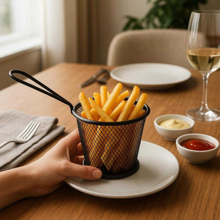 Pommes Frites Kurv i Metal - Sort, Guld, Sølv, Kobber - Professionel Servering: A realistic modern dining room setting where the product is properly grounded on a wooden dining table, being actively used to serve freshly cooked, golden-brown fries.