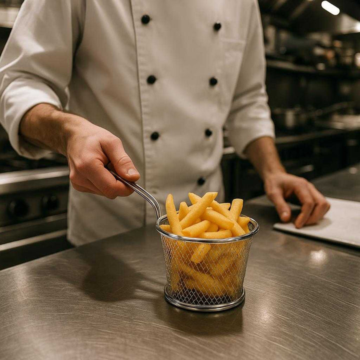 Pommes Frites Kurv i Metal - Sort, Guld, Sølv, Kobber - Professionel Servering: A different realistic restaurant kitchen setting where the product is securely positioned on a stainless steel counter, being used by a chef in professional attire to prepare fries for serving.