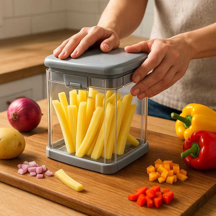 Pommes Frites Skærer i Plastik, metal og Gennemsigtig Konstruktion - Grå, Lysegrøn: A realistic kitchen countertop setting where the product is properly grounded on a wooden cutting board, being actively used by a person's hands to slice potatoes into fries.