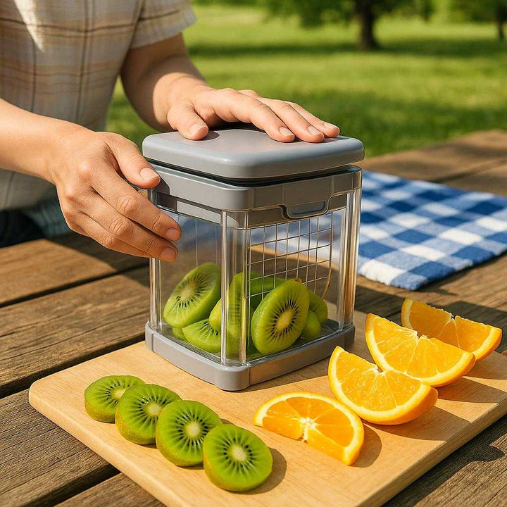 Pommes Frites Skærer i Plastik, metal og Gennemsigtig Konstruktion - Grå, Lysegrøn: A different realistic picnic setting where the product is securely positioned on a picnic table.