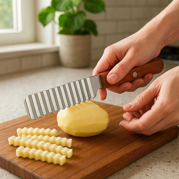 Pommes Skærer i Rustfrit Stål - Perfekt til Pommes Frites og Pommes Anna: A realistic kitchen setting where the French Fry Cutter in Stainless Steel is properly grounded on a wooden cutting board, actively being used by a person's hands to cut a potato into perfectly crinkle-cut fries.