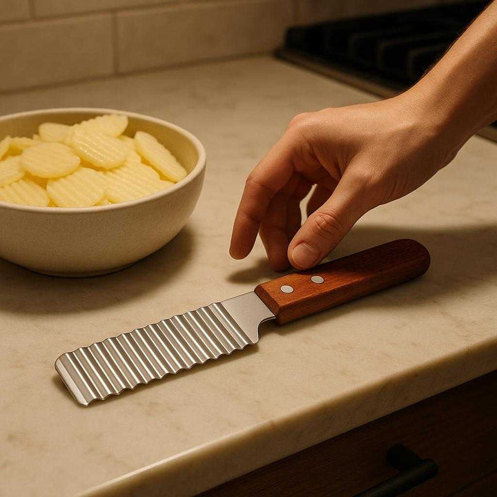 Pommes Skærer i Rustfrit Stål - Perfekt til Pommes Frites og Pommes Anna: A different realistic kitchen scene where the French Fry Cutter is securely positioned on a marble countertop, naturally placed next to a bowl of freshly cut Pommes Anna slices.