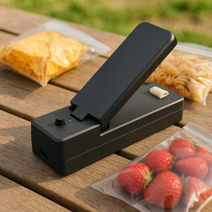 Poselukker til Effektiv Madopbevaring - Professionel Plastløsning til Friskhed i Køkkenet: A different realistic picnic table setting where the product is securely positioned on a wooden surface, naturally placed next to various food items in sealed bags.
