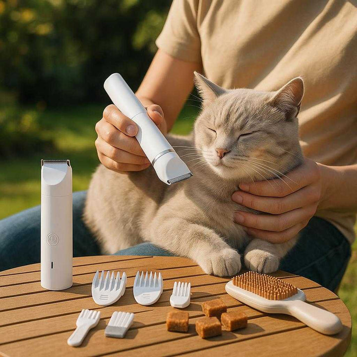 Poteklippemaskine 2i1 til Hunde og Katte - Professionel, Effektiv og Sikker Klipning i Høj Kvalitet: A different realistic outdoor garden setting where the product is securely positioned on a small table alongside grooming brushes and treats, being used differently to gently trim the fur of a calm cat seated in a person's lap.