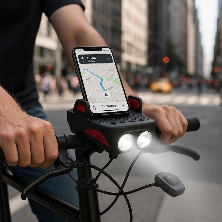 Powerbank til Cykel - Avanceret Opladning med Smartphone Holder og Forlygte: A realistic urban setting on a bustling city street where the product is properly grounded on a bicycle handlebar, being actively used by a cyclist.