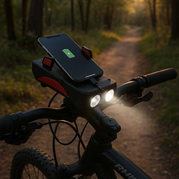 Powerbank til Cykel - Avanceret Opladning med Smartphone Holder og Forlygte: A different realistic rural setting on a peaceful forest trail where the product is securely positioned on the handlebar of a parked mountain bike.