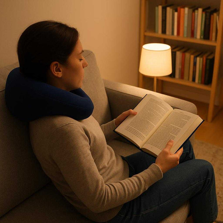 Powernappude med ergonomisk støtte - Tilgængelig i Mørkeblå, Grå og Lysrød: A cozy living room setting, where the powernap pillow in dark blue is placed perfectly on a modern, grey couch.