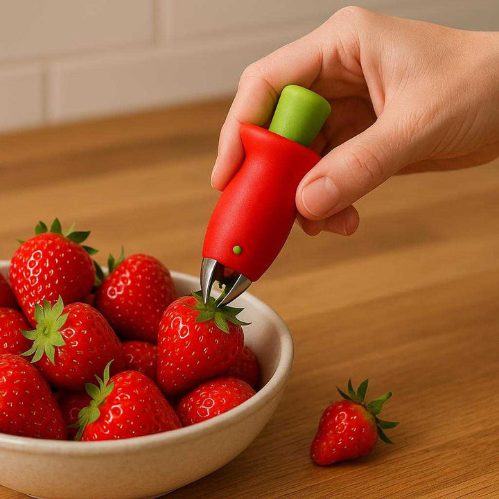 Præcisionsfjernelse med Rødt Ergonomisk Design til Effektiv Stilke- og Bladfjernelse af Friske Bær. The Præcisionsfjernelse tool effortlessly removes stems from a bowl of fresh strawberries on a wooden kitchen countertop, with a person’s hand demonstrating its use.