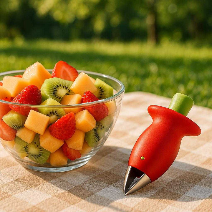 Præcisionsfjernelse med Rødt Ergonomisk Design til Effektiv Stilke- og Bladfjernelse af Friske Bær. The Præcisionsfjernelse tool elegantly displayed next to a freshly prepared fruit salad on a picnic blanket in a sunlit garden, highlighting its ergonomic design.