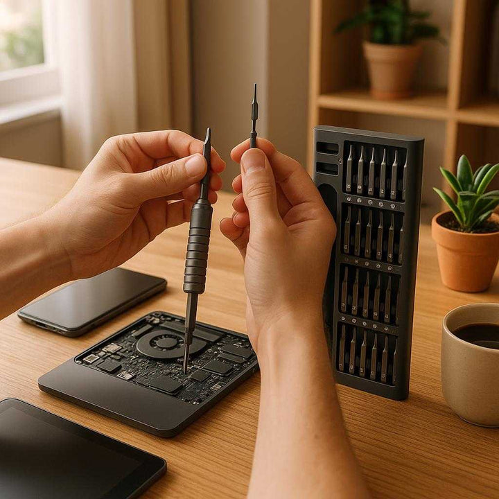 Præcisionsskruetrækkersæt - Moderne, kompakt design med 24 forskellige bits til præcisionsopgaver: A cozy, well-lit home office where the precision screwdriver set is prominently displayed on a wooden desk next to a partially disassembled laptop.