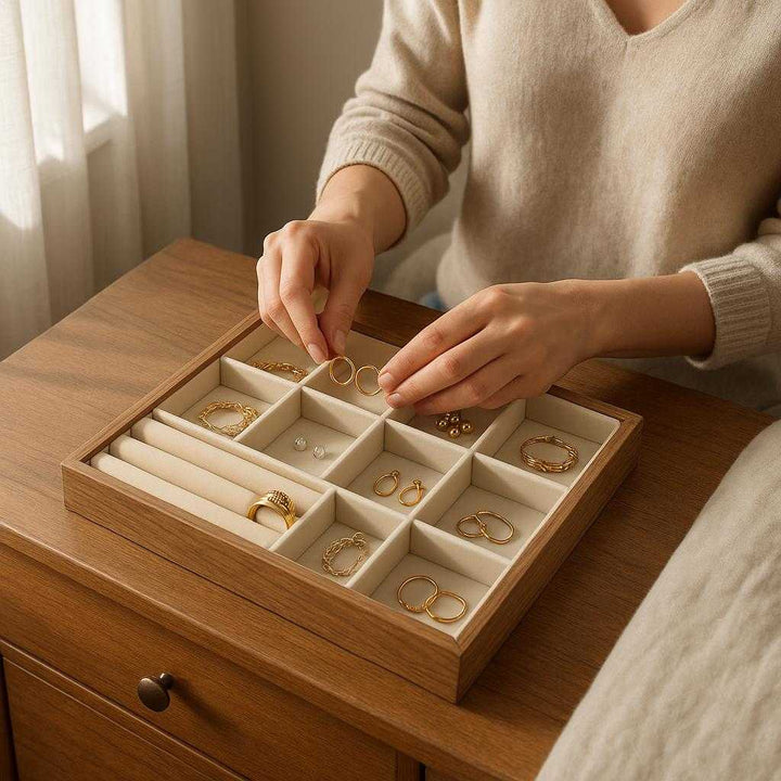 Premium Smykkeskrin i træ med spejl – Elegant opbevaring til smykker: A realistic bedroom setting where the product is properly grounded on a wooden dresser, being actively used by a person organizing jewelry into its sections, with natural morning light streaming through a window casting soft shadows and showing clear contact points where the product touches the dresser surface.