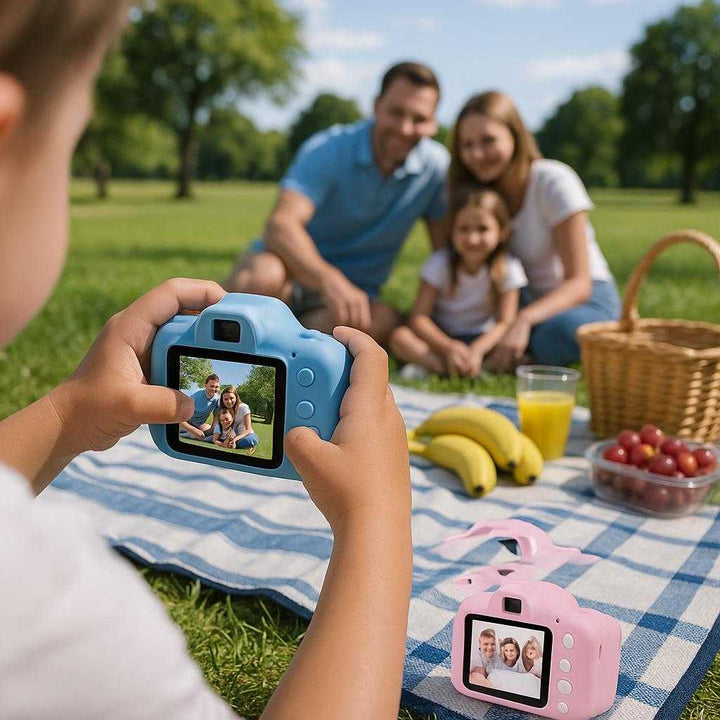 Produkter til Krøller med Høj Kvalitet og Avanceret Funktionalitet - Børnekamera i Blå og Pink: A different realistic outdoor park setting where the camera is securely positioned on a picnic blanket during a family outing.