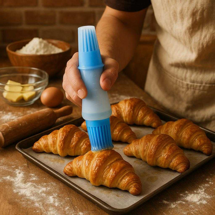 Professionel Bagepensel med Beholder i Grøn, Blå, Lyserød, Orange, Rød – Avanceret Køkkenredskab. The blue 'Professionel Bagepensel med Beholder' is being used to brush melted butter onto freshly baked croissants in a warm, home kitchen setting with flour and ingredients scattered around.