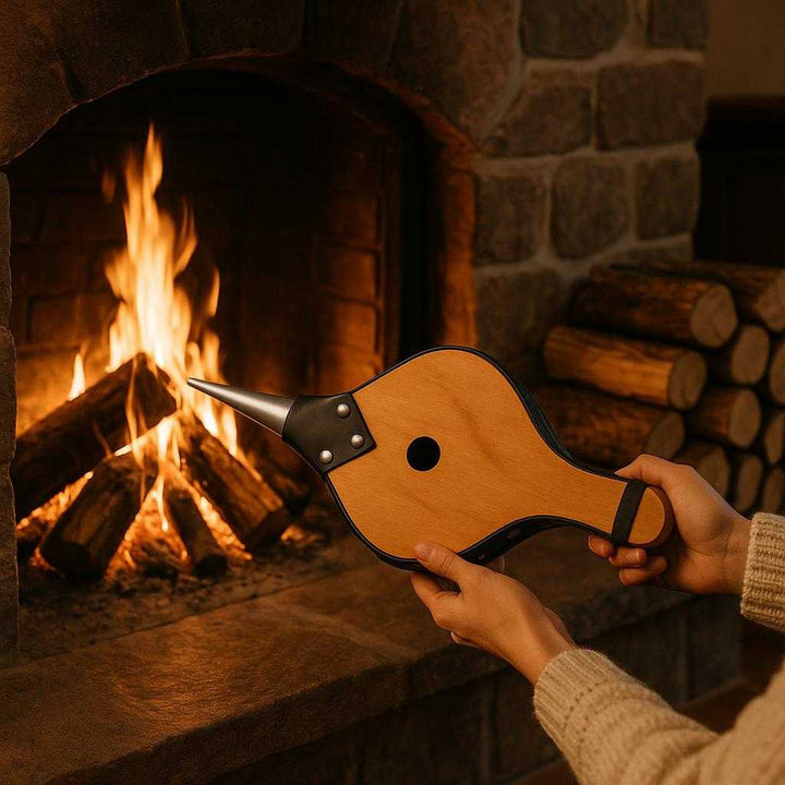Professionel Blæsebælg i Træ – Klassisk og Høj Kvalitet Design til Pejs og Grill. The classic wooden bellows is being used to fan the flames of a cozy fireplace in a rustic living room, with a glowing fire and logs stacked neatly beside the hearth.