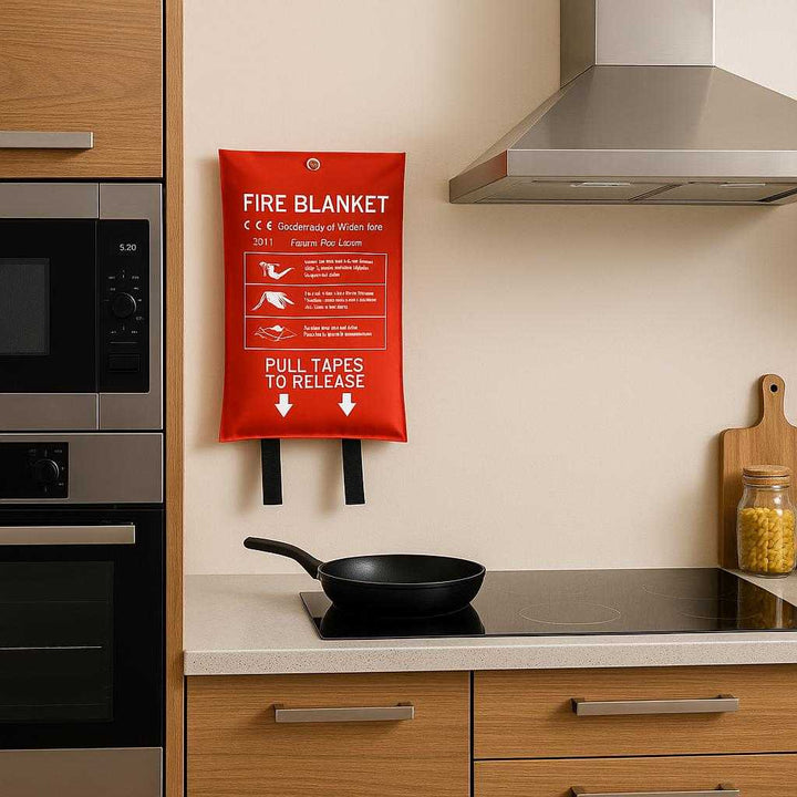 Professionel Brandtæppe i Rødt Design - Avanceret Brandsikring 120x180cm med Høj Kvalitet. The red fire blanket hangs prominently on the wall of a modern home kitchen, surrounded by stainless steel appliances and wooden cabinets, emphasizing safety and preparedness.