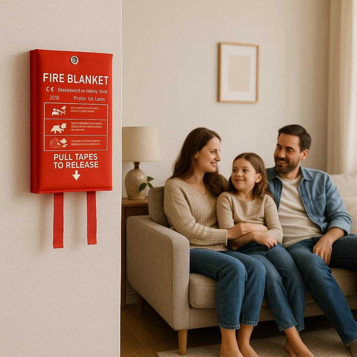 Professionel Brandtæppe i Rødt Design - Avanceret Brandsikring 120x180cm med Høj Kvalitet. The red fire blanket is neatly stored on a wall in a cozy living room, ready for emergency use, with family members relaxing on a couch nearby.