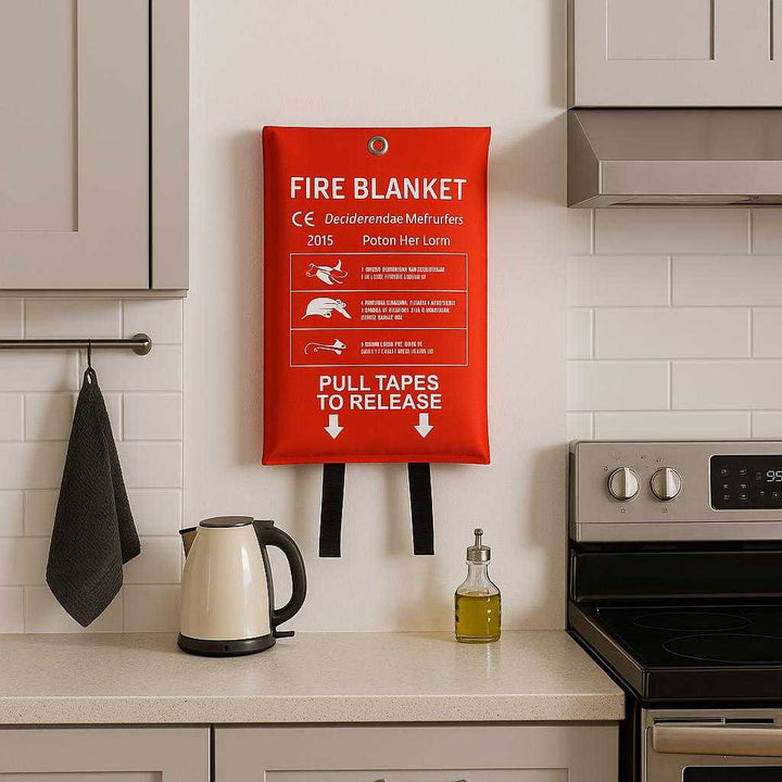 Professionel Brandtæppe i Rødt Design - Avanceret Brandsikring 120x180cm med Høj Kvalitet. The red fire blanket is neatly mounted on a wall in a modern kitchen, highlighting its readiness and importance for safety amidst various cooking appliances.