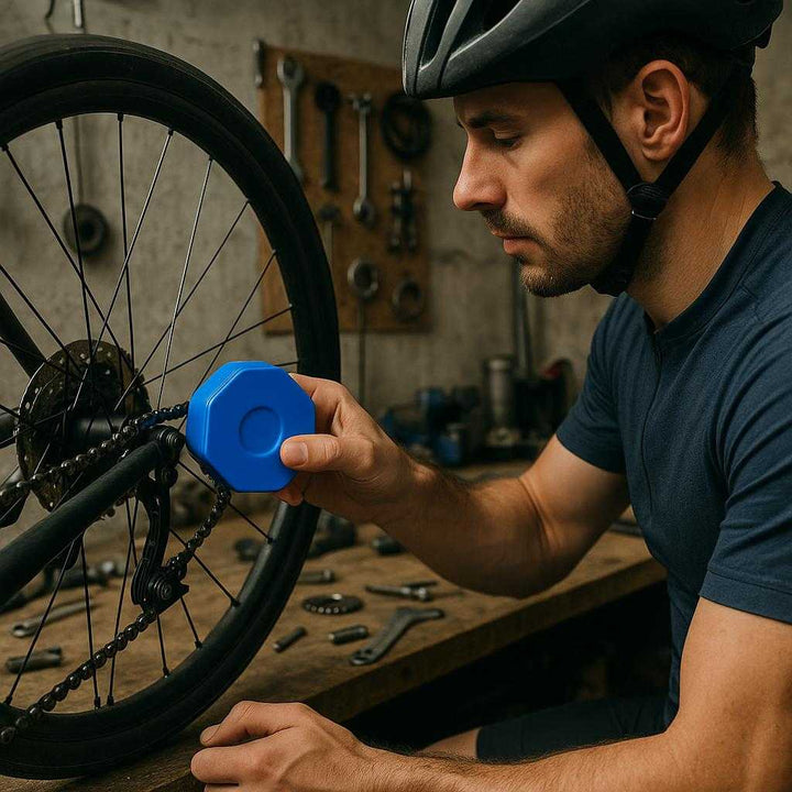 Professionel Cykeludstyr Kædeolierer i Mørke Blå, Grøn og Sort - Høj Kvalitet og Avanceret Vedligeholdelse. A cyclist in a garage applies the dark blue chain lubricator to a bicycle chain, with tools and spare parts scattered around in the background.