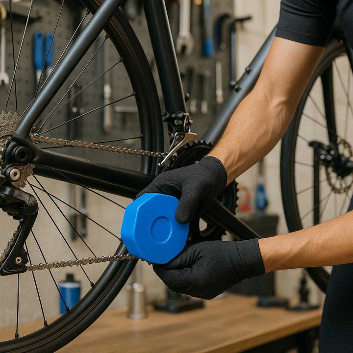 Professionel Cykeludstyr Kædeolierer i Mørke Blå, Grøn og Sort - Høj Kvalitet og Avanceret Vedligeholdelse: A cyclist is in a well-equipped garage, preparing their bike for a ride.