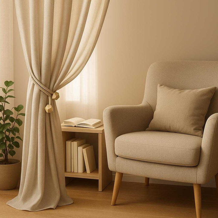 Professionel Gardinholder i Sølv og Beige - Magnetisk og Fleksibel Løsning med Geometriske Ender. A cozy reading nook with the curtain holder stylishly draping a sheer beige curtain, creating a soft, ambient light over an armchair and small bookcase beside a potted plant.