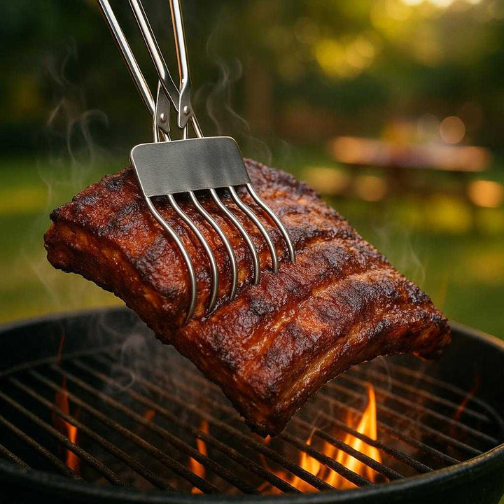 Professionel Grilltang i Rustfrit Stål – Høj Kvalitet og Funktionalitet til Enhver Grillentusiast. A sleek stainless steel grilling claw lifting a perfectly cooked rack of ribs off a hot grill, surrounded by sizzling sounds and a summer barbecue ambiance.