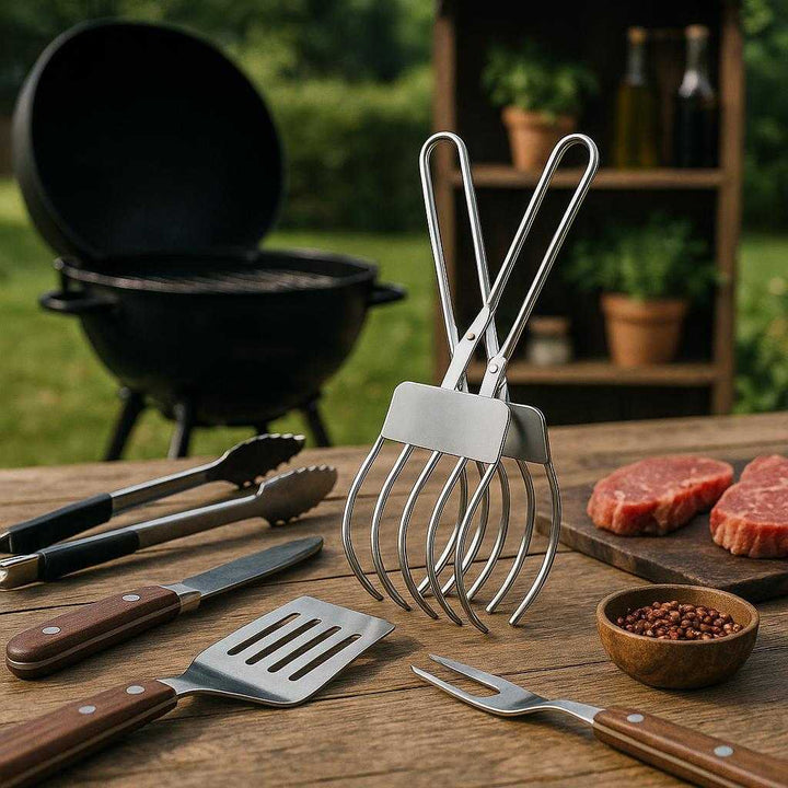 Professionel Grilltang i Rustfrit Stål – Høj Kvalitet og Funktionalitet til Enhver Grillentusiast. The high-quality steel grilling claw displayed elegantly on a rustic wooden table alongside various grilling tools and an outdoor kitchen setup, emphasizing its functionality and appeal to barbecue enthusiasts.