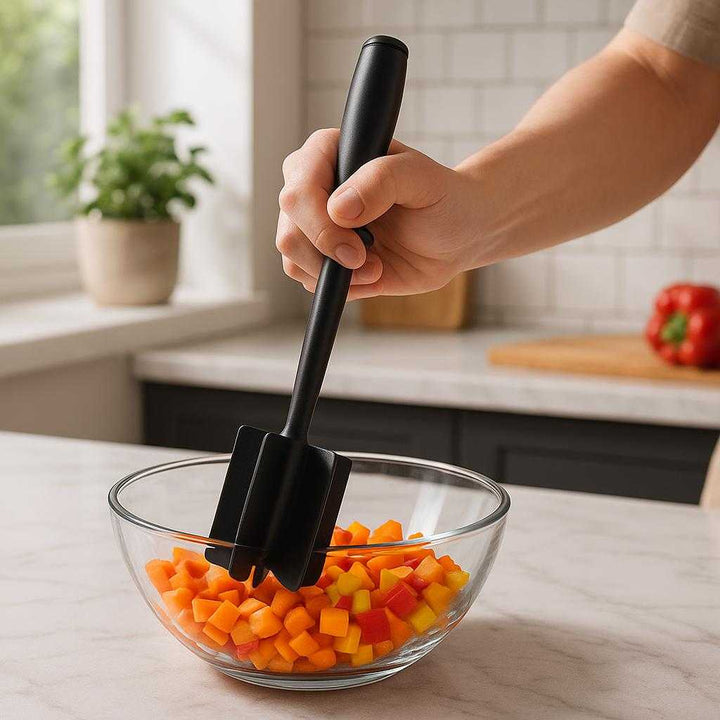 Professionel Grøntsagshakker i Høj Kvalitet - Avanceret Madlavningsredskab med Sort Design: A realistic modern kitchen setting where the Professionel Grøntsagshakker is properly grounded on a sleek marble countertop, being actively used by a person slicing colorful vegetables like carrots and bell peppers into a bowl.