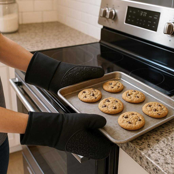 Professionel Grydelap i Silikone og Stof - Høj Kvalitet og Varmeresistens til Sikker Madlavning: A realistic kitchen setting where the silicone and fabric oven mitt is properly grounded on a kitchen counter, being actively used by hands to safely remove a hot tray of freshly baked cookies from the oven.