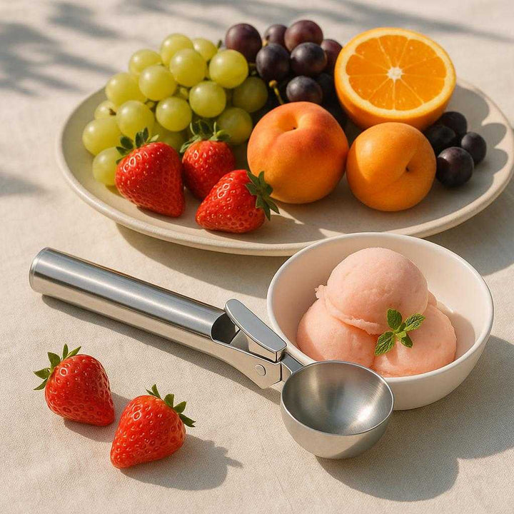 Professionel Isske i Rustfrit Stål - Elegant og Funktionel til Is og Frugt. An elegant gathering table scene with the stainless steel ice cream scoop resting beside a platter of assorted fruits and a bowl of sorbet, capturing a sunny afternoon vibe.