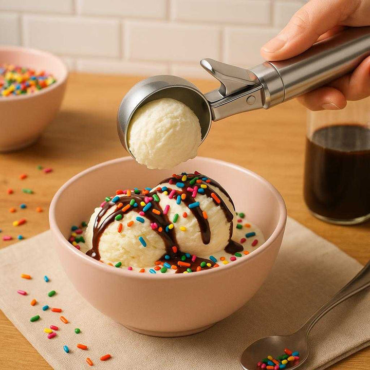 Professionel Isske i Rustfrit Stål - Elegant og Funktionel til Is og Frugt. The sleek stainless steel ice cream scoop is being used to serve a perfect scoop of vanilla ice cream into a bowl, surrounded by colorful sprinkles and chocolate syrup in a cozy kitchen setting.
