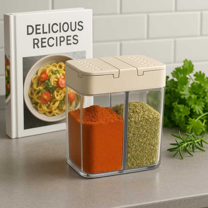 Professionel Krydderibøtte med Dobbelt Låg, Transparent Beholder og Høj Kvalitet. On a sleek kitchen countertop, the high-quality spice container filled with colorful spices stands next to a cookbook and fresh herbs, highlighting its organized storage feature.