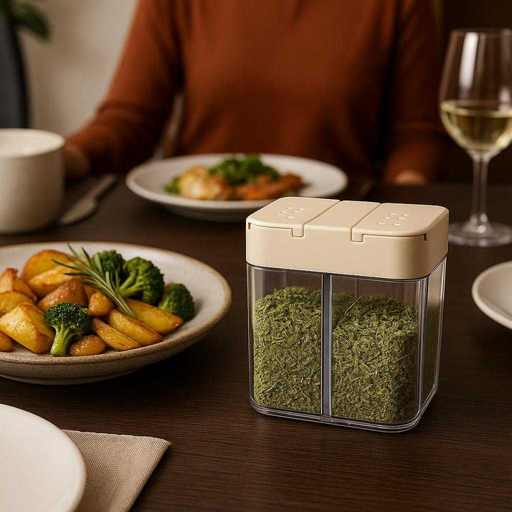 Professionel Krydderibøtte med Dobbelt Låg, Transparent Beholder og Høj Kvalitet. The high-quality spice container is displayed on a modern dining table, elegantly filled with herbs and positioned next to a rustic culinary centerpiece at a family dinner setting.