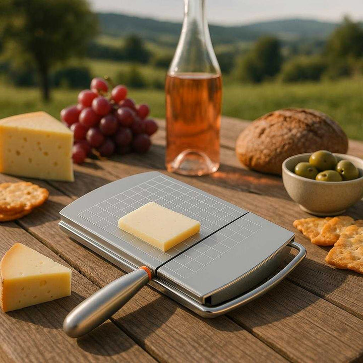 Professionel Osteskærer i Rustfrit Stål – Præcis og Holdbar Skæring Hjemli. The cheese slicer is elegantly displayed on an outdoor picnic table amidst a spread of gourmet snacks and a scenic view, highlighting its sleek design and precision cutting capability.