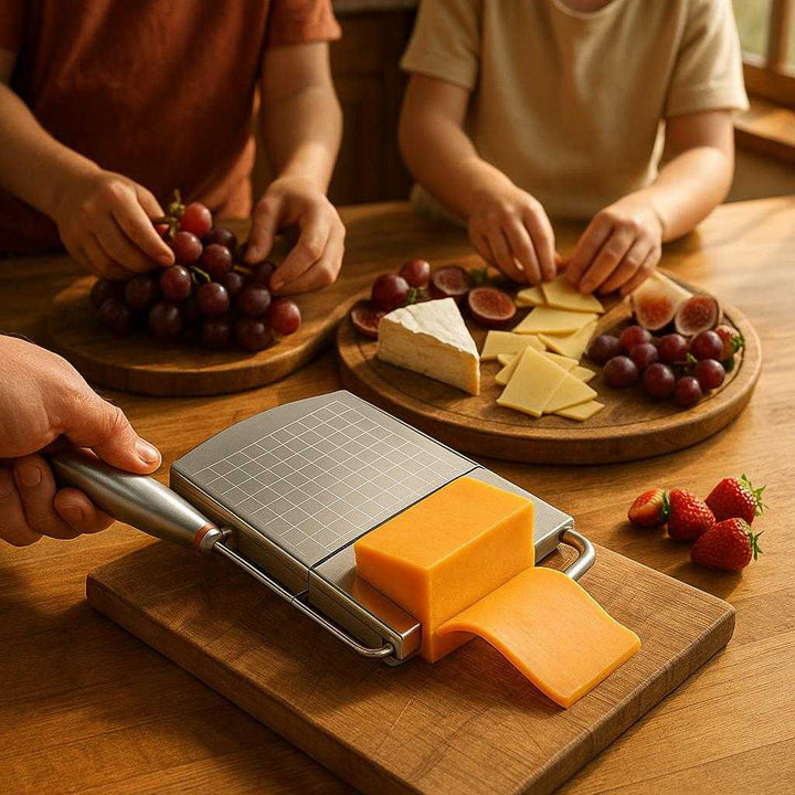 Professionel Osteskærer i Rustfrit Stål – Præcis og Holdbar Skæring Hjemli. The stainless steel cheese slicer is effortlessly cutting through a block of cheddar while a family prepares a platter of cheeses and fruits on a wooden kitchen counter, sunlight streaming through a window.
