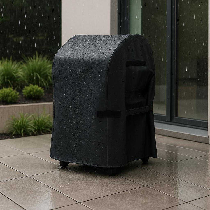 Professionel Overtræk til Grill - Vandtæt, Slidstærkt og Stilfuldt i Sort Design. The waterproof black grill cover is securely fitted over a sleek barbecue grill on a modern patio, with raindrops beading off the surface during a light drizzle.