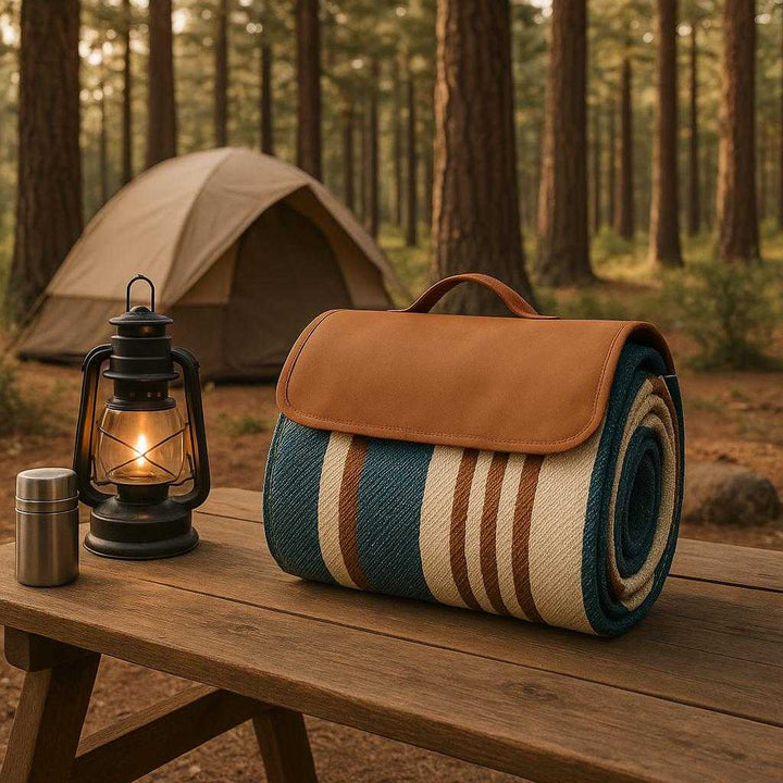 Professionel Picnictæppe i Stribet Design – Blød, Sammenklappelig og Transportabel. A cozy campsite scene with the folded picnic blanket resting on a wooden table next to a tent, lantern, and thermos, under a canopy of tall pine trees.