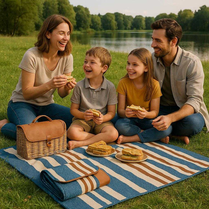 Professionel Picnictæppe i Stribet Design – Blød, Sammenklappelig og Transportabel. The striped picnic blanket is spread out on a lush green field, surrounded by a happy family enjoying a picnic with a basket, sandwiches, and a picturesque lake in the background.