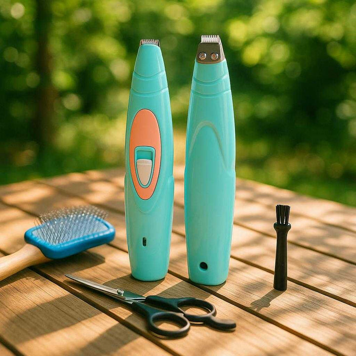 Professionel Potetrimmer til Kæledyr - Effektiv og Sikker Elektrisk Trimning med Høj Kvalitet: A different realistic outdoor garden setting where the pet trimmer is securely positioned on a wooden table.