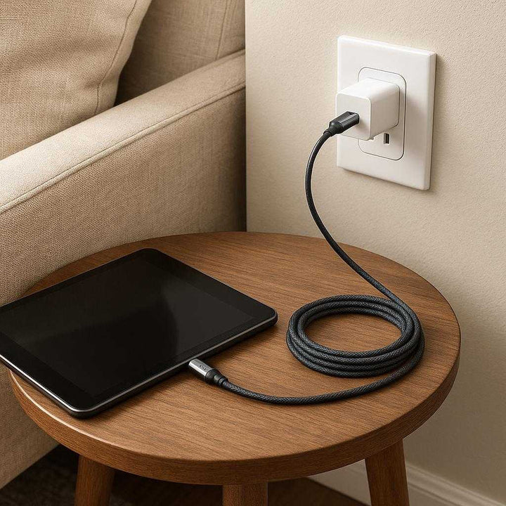 Professionel Usbopladerkabel i Flettet Nylon - Høj Kvalitet Micro-USB, 1M, 2M, 3M: A different realistic living room setting where the USB cable is securely positioned on a side table beside a couch, being used to charge a tablet connected to a nearby wall outlet.