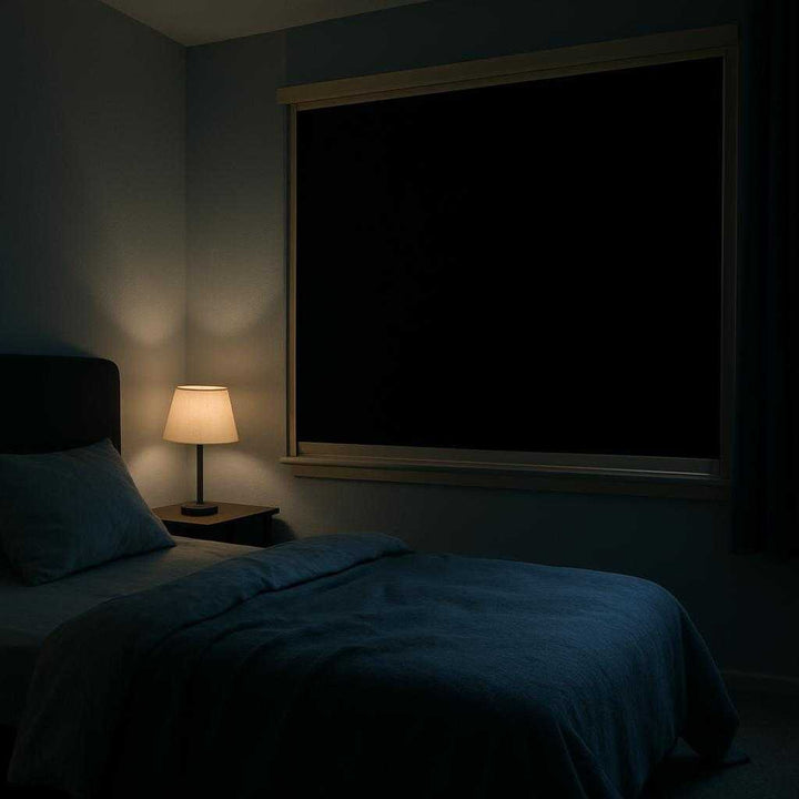 Professionel Vinduesafdækning - Sort Termisk Gardin til Lys- og Varmedæmpning, Høj Kvalitet og Avanceret Design. A bedroom is bathed in soft ambient lighting with the Professionel Vinduesafdækning fully drawn at the window, showcasing a restful and cool atmosphere ideal for a peaceful nap during the hot summer day.