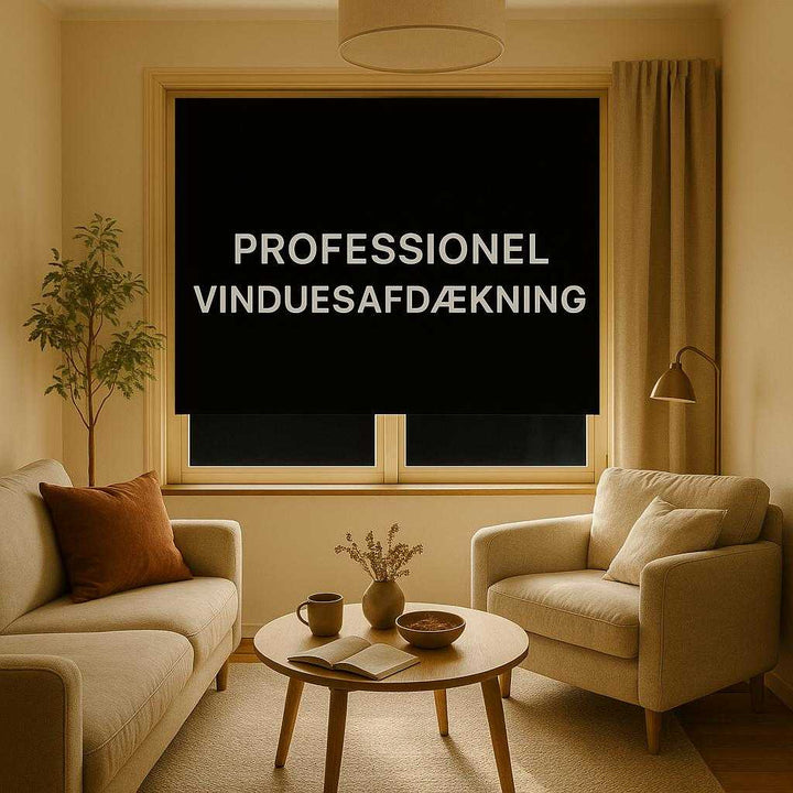 Professionel Vinduesafdækning - Sort Termisk Gardin til Lys- og Varmedæmpning, Høj Kvalitet og Avanceret Design. In a cozy living room, the Professionel Vinduesafdækning is perfectly fitted over a large window, blocking the bright afternoon sun, while creating a comfortable and shaded environment inside.
