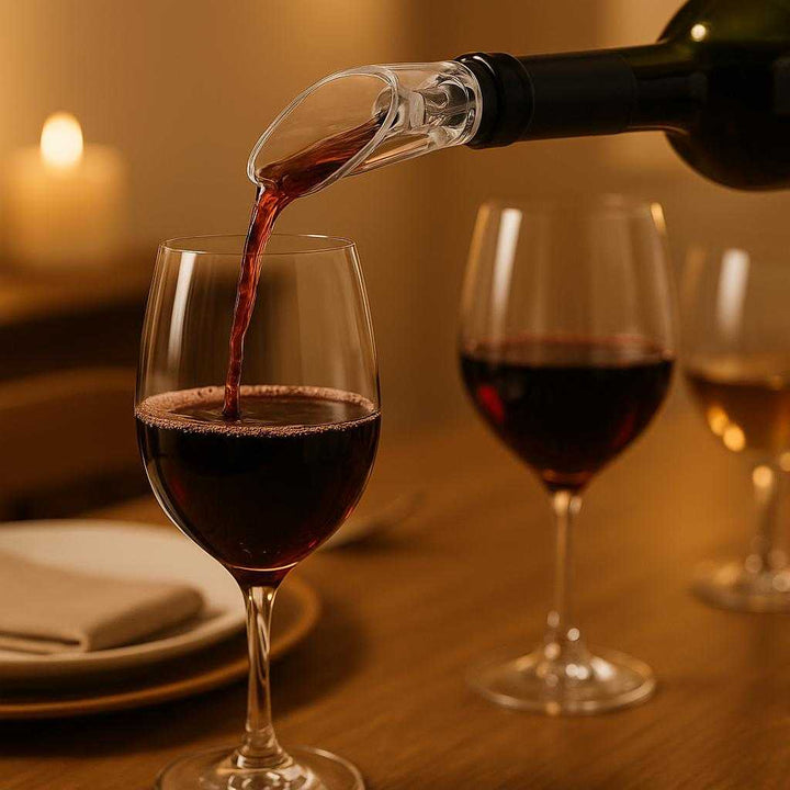 Professionel Vinilter Karaffel til Rød- og Hvidvin – Høj Kvalitet i Klar Akryl. The clear acrylic wine aerator is elegantly placed on a dining table while red wine is being poured through it, with a warmly lit background and two glasses being filled.