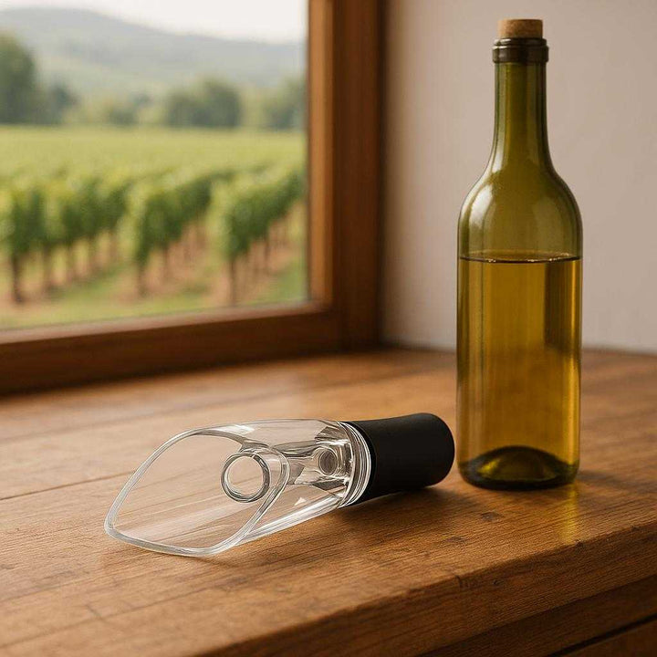 Professionel Vinilter Karaffel til Rød- og Hvidvin – Høj Kvalitet i Klar Akryl. The sleek acrylic wine aerator rests on a rustic wooden kitchen counter beside a half-empty bottle of white wine, with a vineyard view visible through the window.