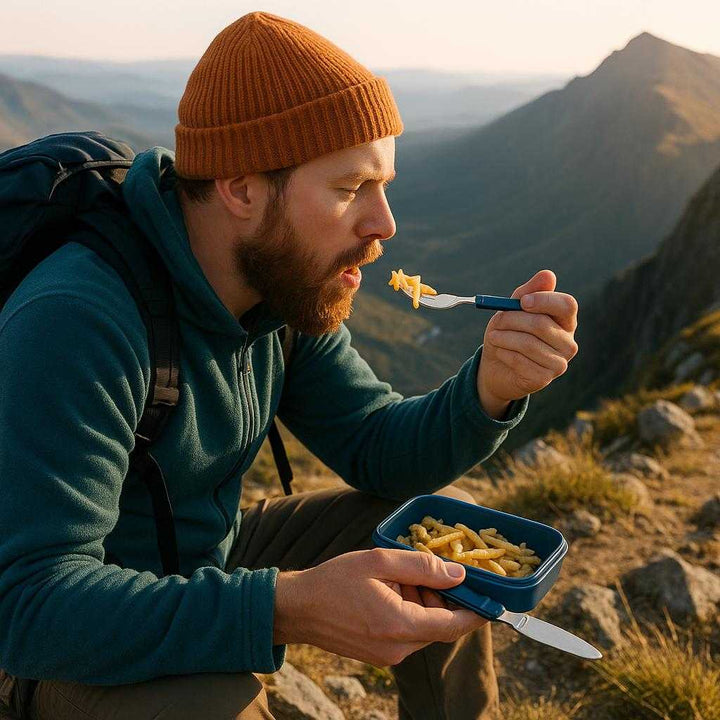 Professionelt Bestiksæt til Rejse i Rustfrit Stål - Foldbart Design i Mørke Blå, Rød, Orange, Grøn for Høj Kvalitet. The dark blue and silver folding stainless steel cutlery set is being used by a hiker enjoying a meal on a mountaintop, with a panoramic view of valleys below.