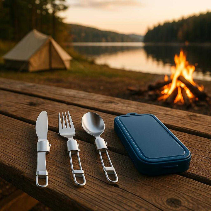 Professionelt Bestiksæt til Rejse i Rustfrit Stål - Foldbart Design i Mørke Blå, Rød, Orange, Grøn for Høj Kvalitet. The portable cutlery set rests elegantly on a rustic wooden picnic table at a serene lakeside campsite, with a campfire crackling nearby.