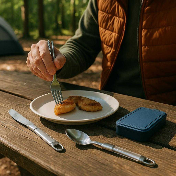 Professionelt Bestiksæt til Rejse i Rustfrit Stål - Foldbart Design i Mørke Blå, Rød, Orange, Grøn for Høj Kvalitet: A realistic campsite setting where the product is properly grounded on a wooden picnic table, being actively used by a person enjoying a meal in the open air.