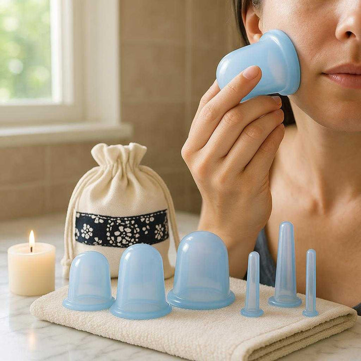 Professionelt Cuppingsæt til Ansigt - 6 Silikonekopper i Lyseblå med Opbevaringspose: A realistic spa-like bathroom setting where the product is properly grounded on a marble countertop, being actively used by a person applying one of the silicone cups to their cheek with gentle pressure.